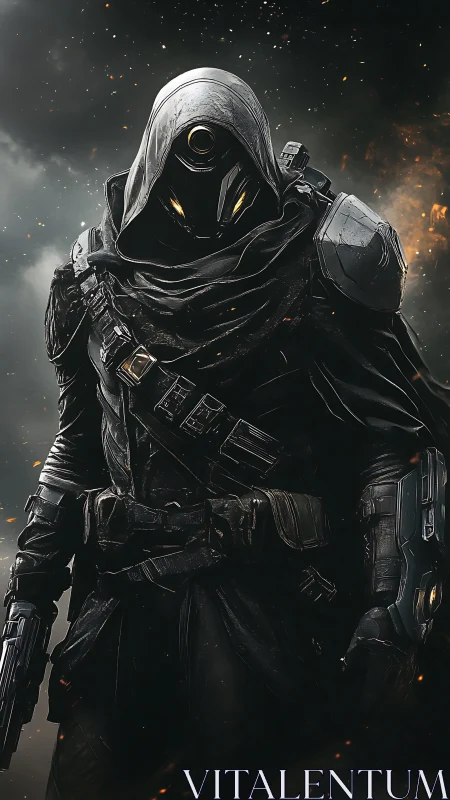 Hooded armored sci fi soldier stands in smoky battlefield