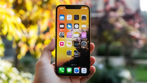 Modern iPhone in Hand with Vibrant Autumn Background.