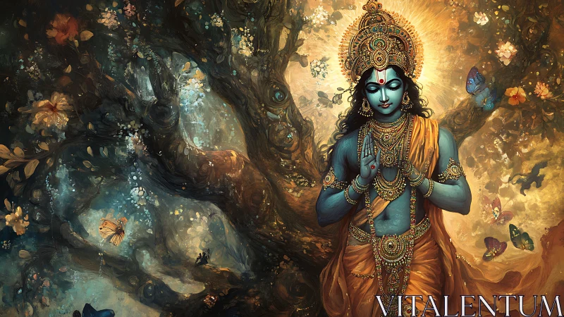 Celestial blue deity in jeweled robes amid luminous forest.