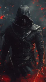 Hooded rogue in ember storm, dramatic digital painting composition.