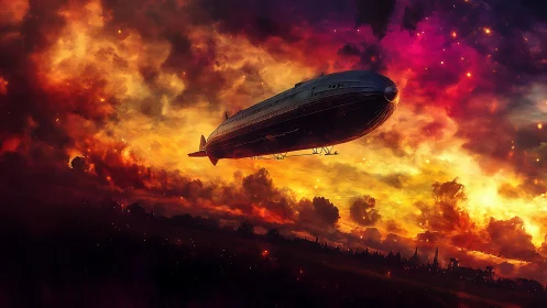 Dirigible crossing a vivid sunset storm sky scene.