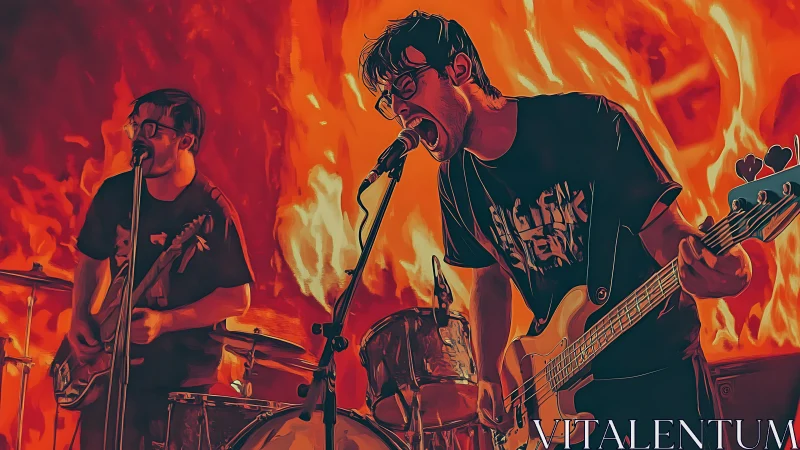 Rock band performs intensely before stylized fiery backdrop