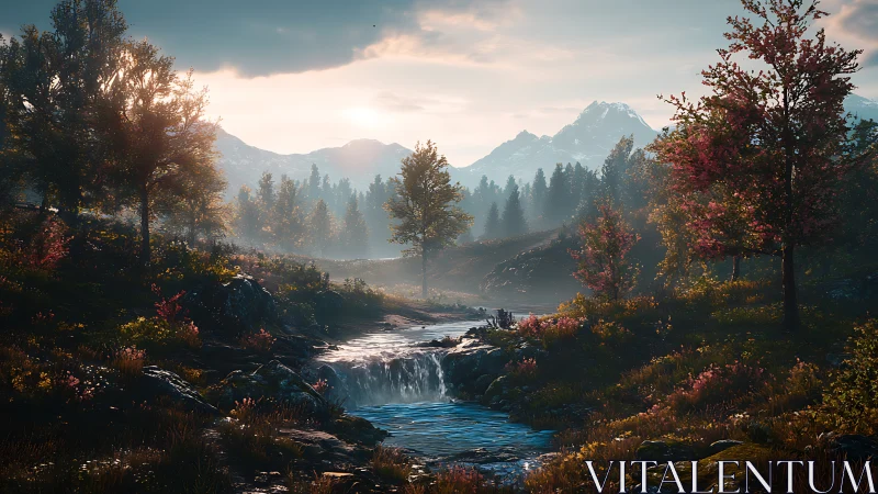 Digital painting of autumn river valley with misted mountains.