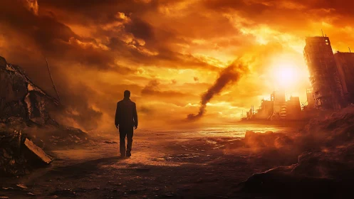 Lone figure walking across a burning postwar wasteland.