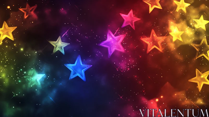 Prismatic neon stars drift like confetti across cosmic night