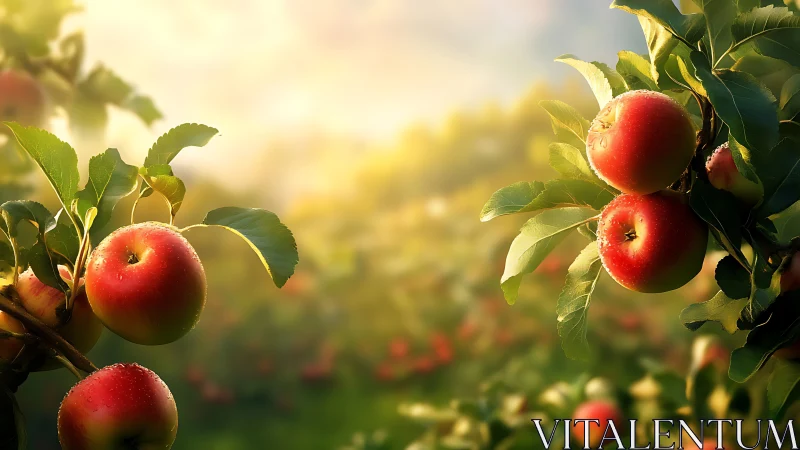 Backlit orchard apples with shallow depth-of-field rendering.