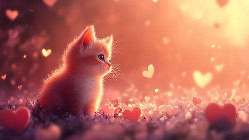 Kitten Surrounded by Hearts in Warm Golden Light.