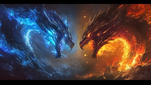 Elemental dragon duel in mirrored blue flame and wildfire.
