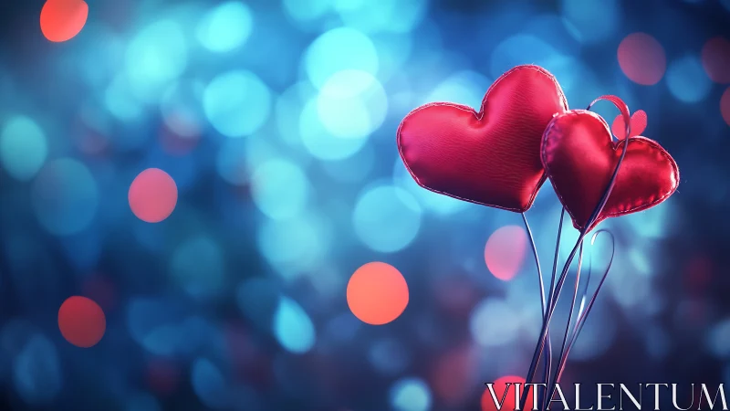 Red Heart-Shaped Balloons Against Blurred Blue Bokeh Background.
