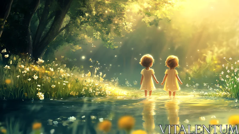 Backlit children wading in luminous forest stream at dawn