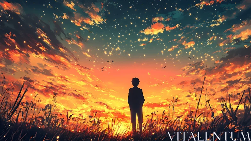 Silhouetted dreamer stands beneath a blazing twilight sky.