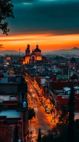 Sunset-lit cathedral over glowing city street at dusk.