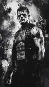 Storm-scarred warrior rises from splattered monochrome chaos.