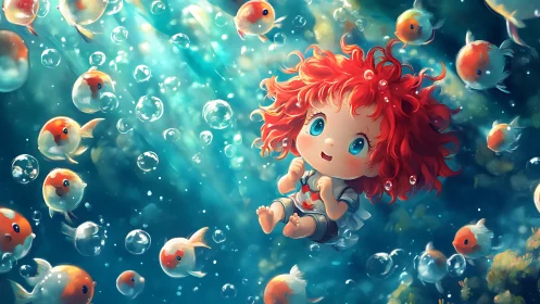 Red haired chibi child drifting with glowing goldfish underwater.