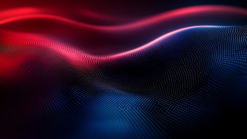 Neon particle waves form dynamic red blue digital landscape.
