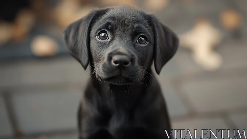 Bright-eyed black puppy waits on soft-blurred stone path.