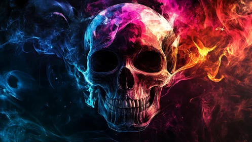 Vibrant neon skull emerges from swirling cosmic flames