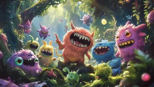 Colorful forest monsters celebrate under dappled sunlight.