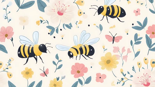 Bumbling garden bees dance through pastel blossoms in flight.