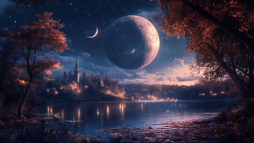 Nocturnal lakeside vista under colossal crescent moon.