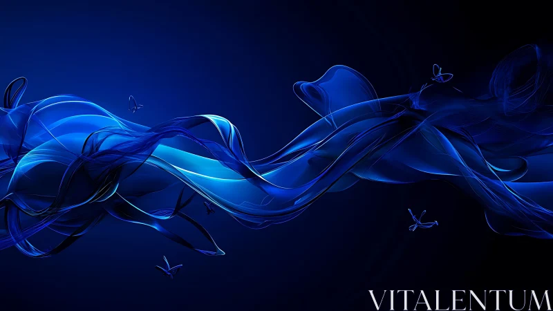 Midnight blue ribbons drifting with luminous butterflies.