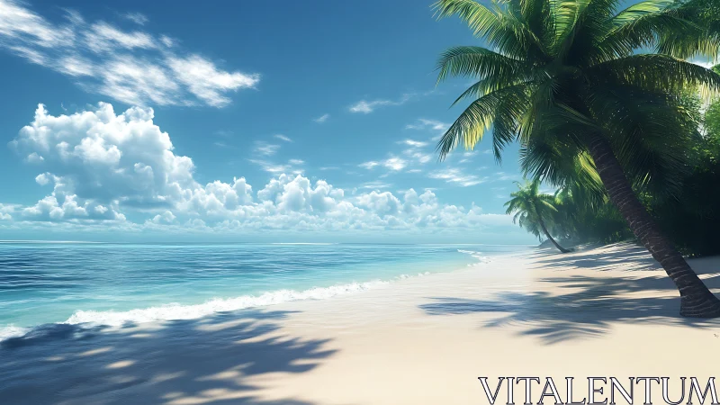 Tropical coastal scene with sand beach, palm tree and ocean