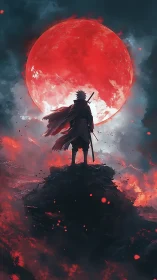 Lone warrior beneath blood red moon on burning ridge.