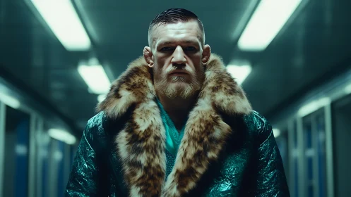 Fur collared fighter striding through neon tunnel hush.