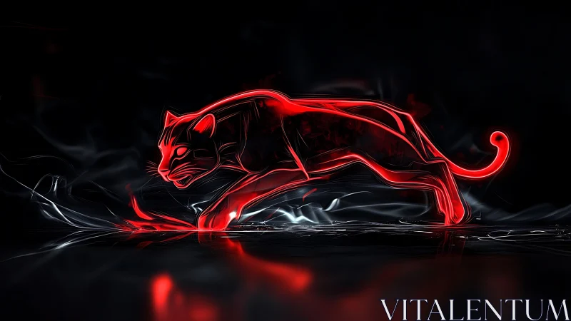 Red Neon Panther: Luminescent Feline Sculpture Against Darkened Backdrop.