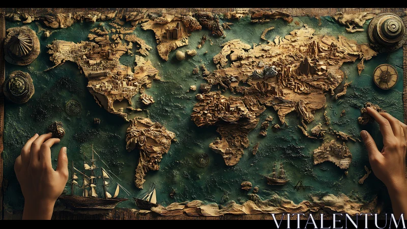 Tactile 3D world map relief with sculpted continents and ships