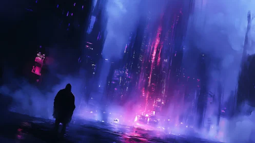 Lone figure walks through neon-soaked cyberpunk megacity night.