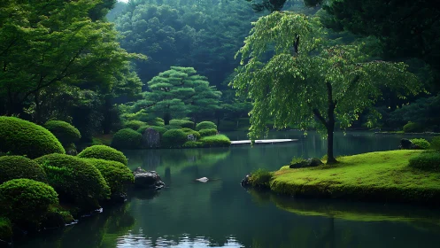 Whispering green islands in a still emerald garden pond.