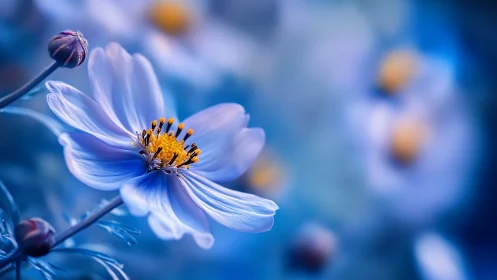 Delicate Blue Cosmos Flowers Against Soft Blurred Background.