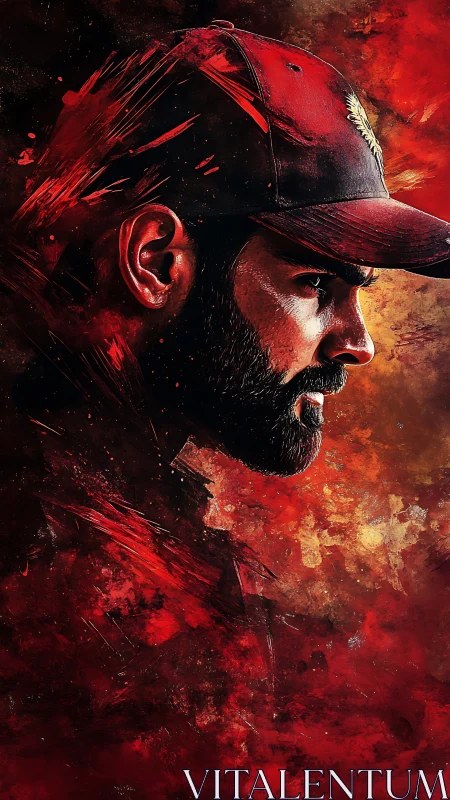 Profile portrait of bearded man in cap amid abstract red field