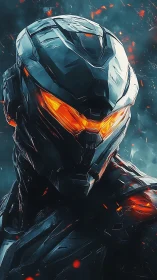 Armored humanoid figure with glowing visor in sparks field.