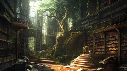 Ancient tree-filled library hall with overgrown bookshelves.