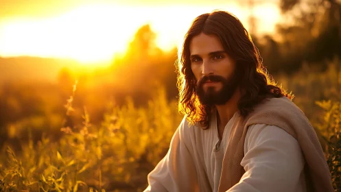 Bearded robed man seated outdoors at sunset in field.