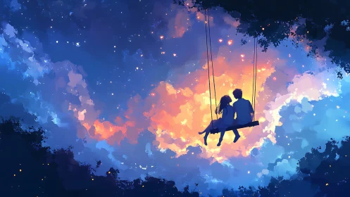Two figures on a swing suspended above luminous clouds at dusk