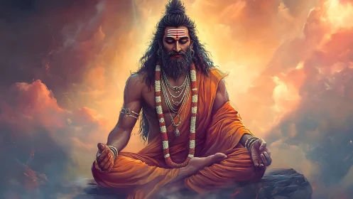Meditating Hindu sage in orange robes amid luminous clouds