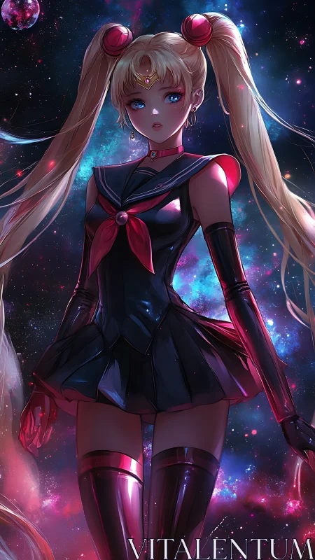 Starlit space heroine glowing in shimmering cosmic armor.