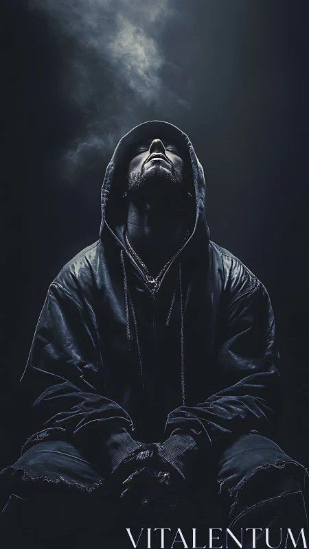 Moody hooded portrait under swirling night clouds.