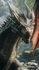 Mountain dragon pauses mid-roar in sunlit wild valley.