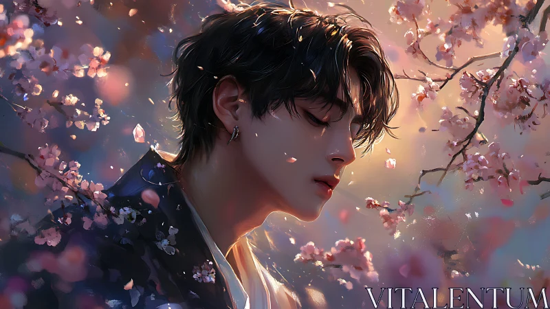 Digital painting portrait amid luminous cherry blossom drift.