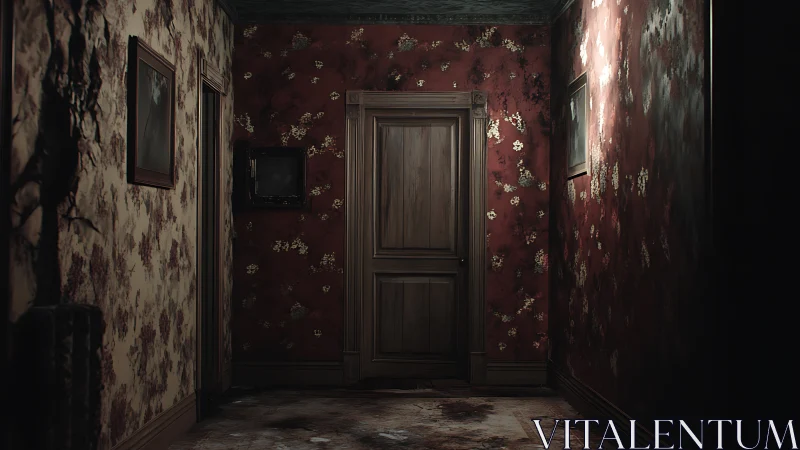 Dim hallway with closed wooden door and worn red walls.