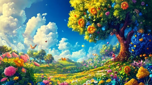 Luminous fantasy meadow with dense floral canopy under volumetric clouds