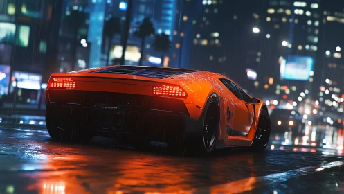 Orange supercar slicing through neon city rain at night.