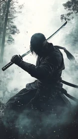 Ninja warrior holding katana in misty forest battle stance.