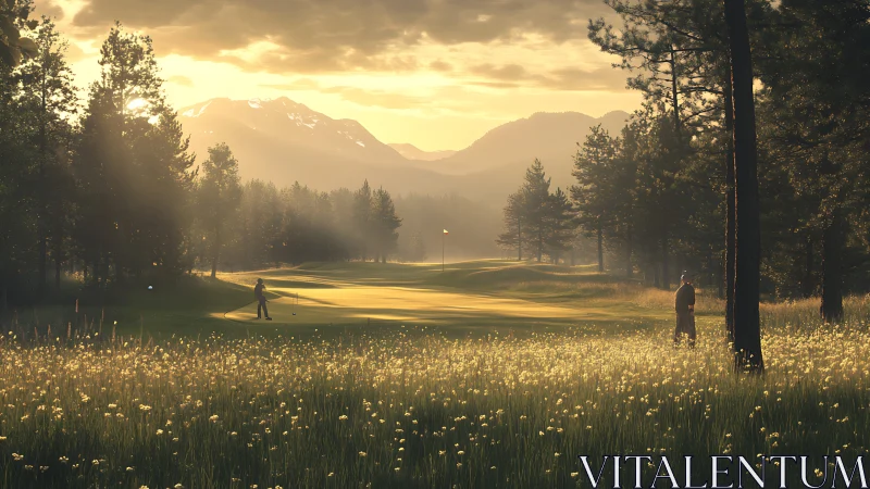 Golf green in forest clearing with distant mountain range.