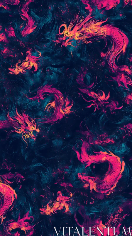 Neon magenta dragons on dark abstract swirling background.