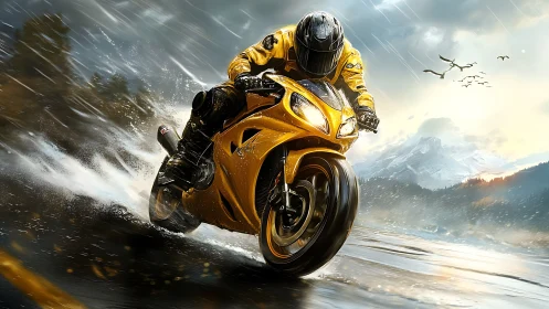 Golden superbike storm run across rain‑slick highway.